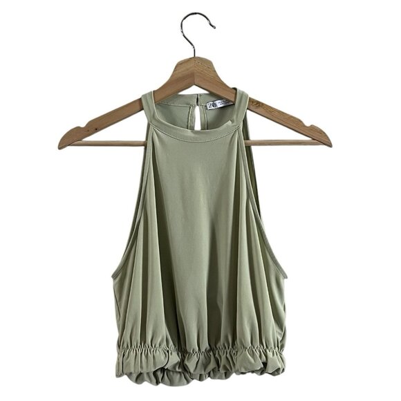 Zara Crop Top Size Medium Light Sage Green Flowy Halter Gathered Elastic Hem - Picture 1 of 8